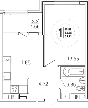 1-комн., 33.75 м²