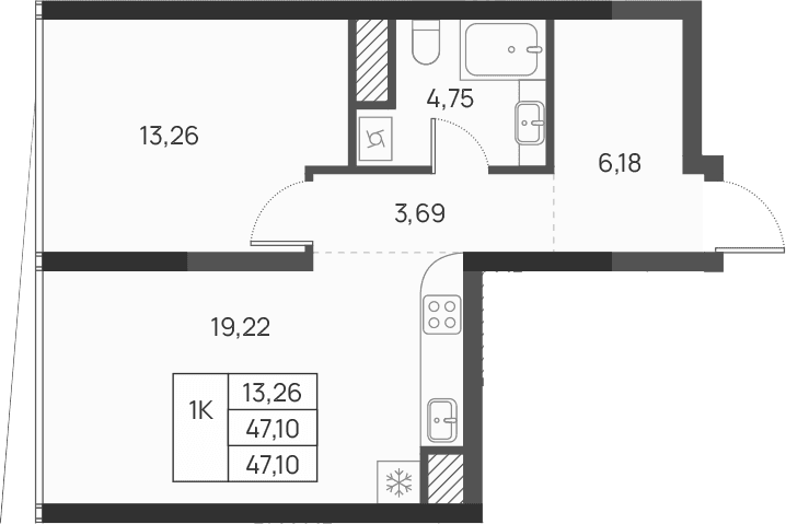1-комн., 47.1 м²