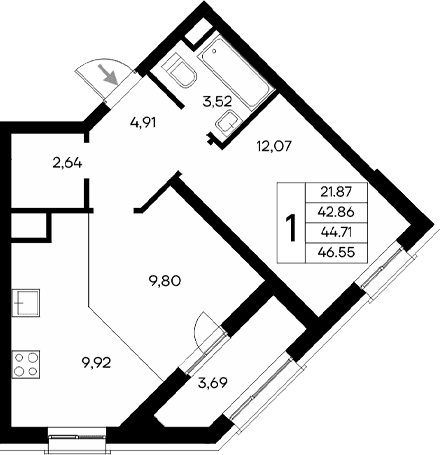 1-комн., 42.86 м²