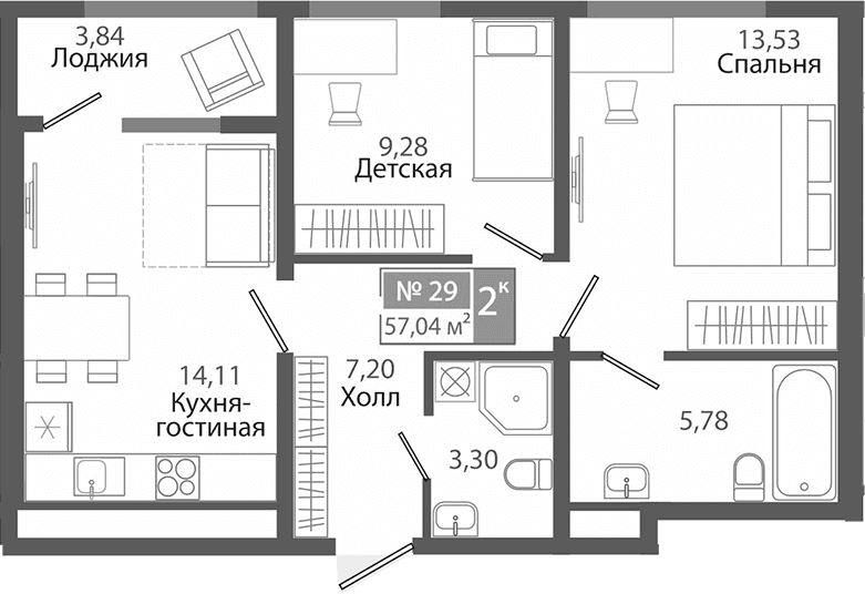 2-комн., 53.2 м²