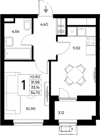 1-комн., 31.58 м²