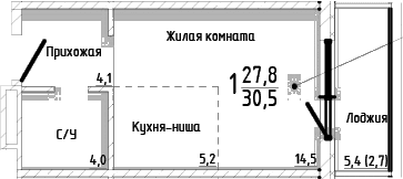 Студия, 27.8 м²