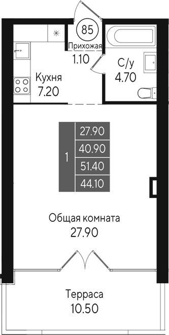 Студия, 40.9 м²