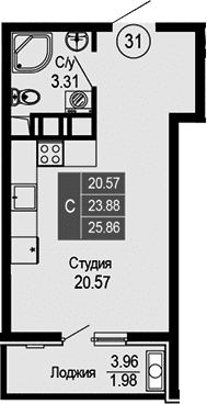 Студия, 23.88 м²