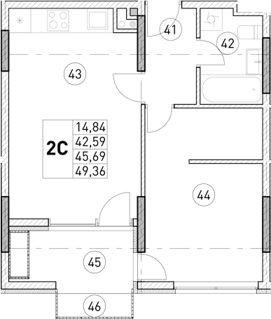 1-комн., 42.59 м²