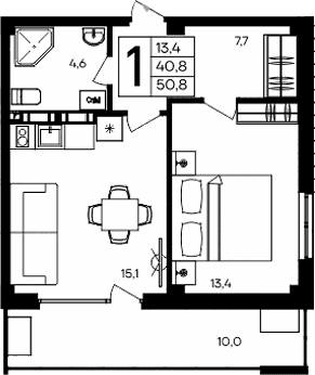 1-комн., 40.8 м²