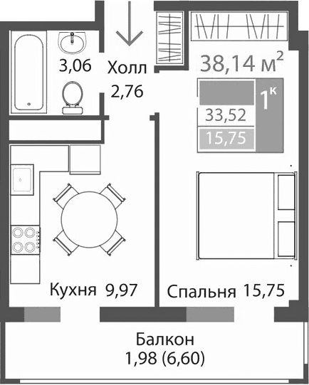 1-комн., 31.54 м²