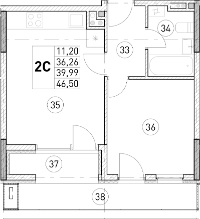 2-комн., 36.26 м²
