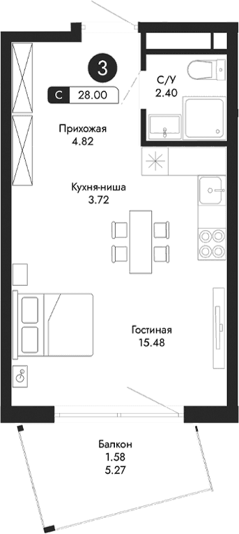 Студия, 26.42 м²