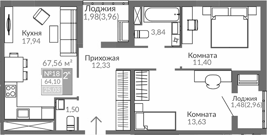 2-комн., 60.64 м²