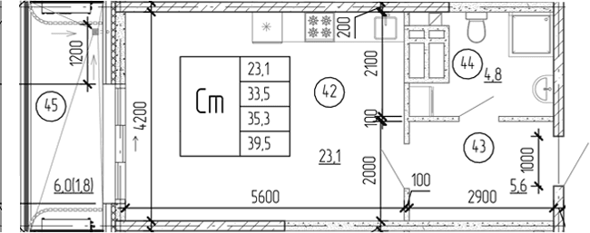 Студия, 37.7 м²