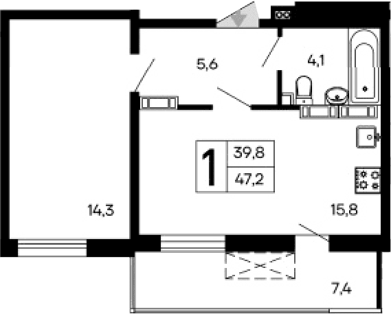 1-комн., 39.8 м²