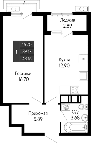 1-комн., 39.17 м²