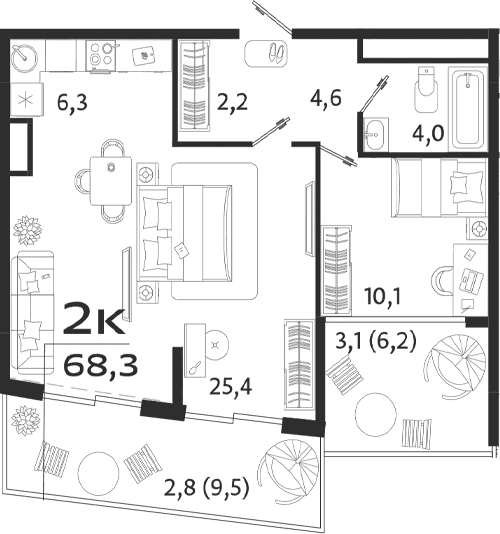 1-комн., 52.6 м²