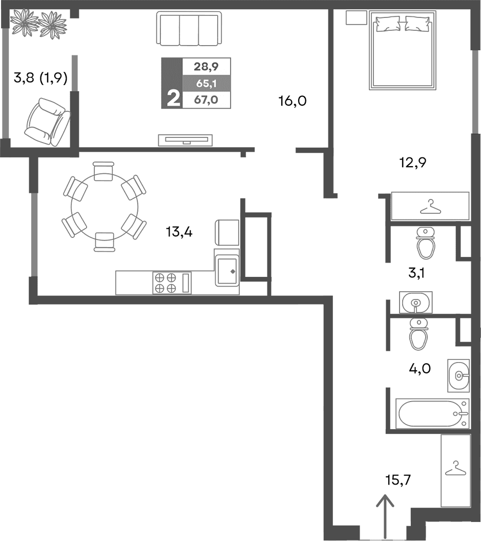2-комн., 65.1 м²