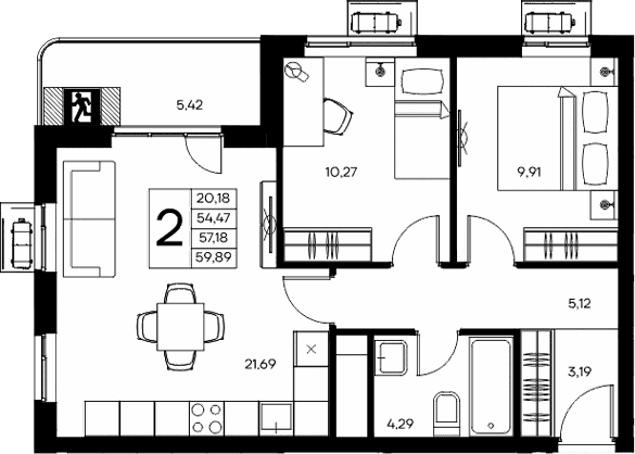 2-комн., 54.47 м²