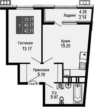 2-комн., 40.17 м²