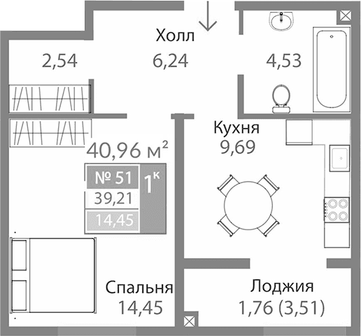 1-комн., 37.45 м²