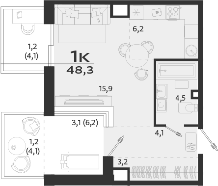 Студия, 33.9 м²