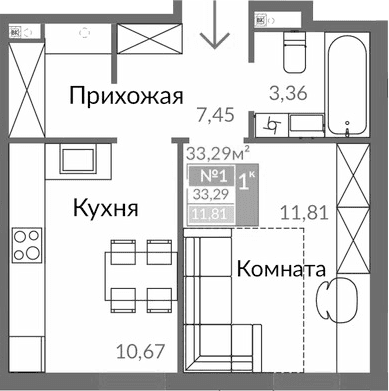 1-комн., 33.29 м²