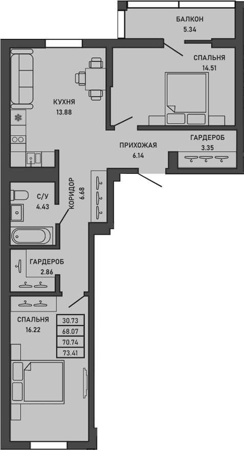 2-комн., 68.07 м²