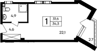 Студия, 31.6 м²