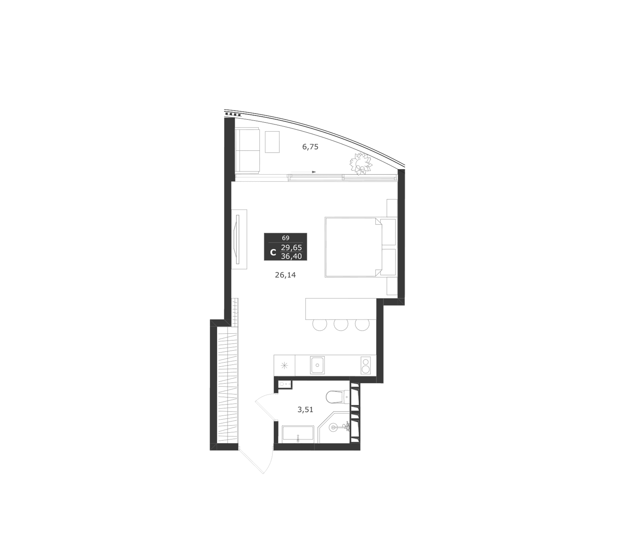 Студия, 29.65 м²