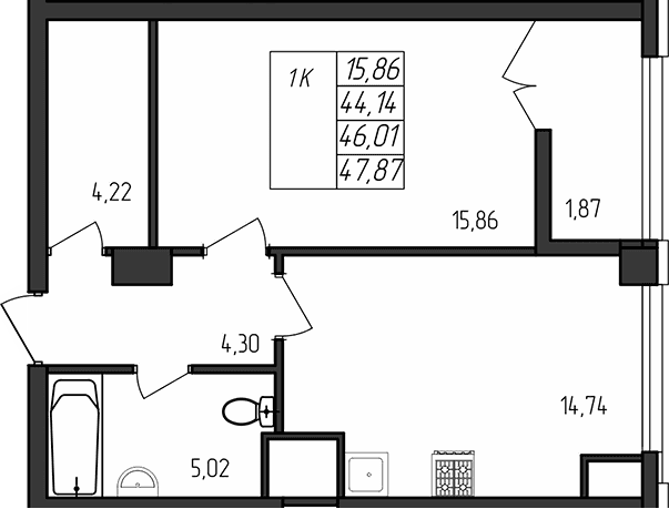 1-комн., 44.14 м²