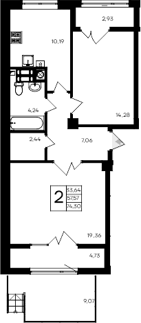 2-комн., 57.57 м²