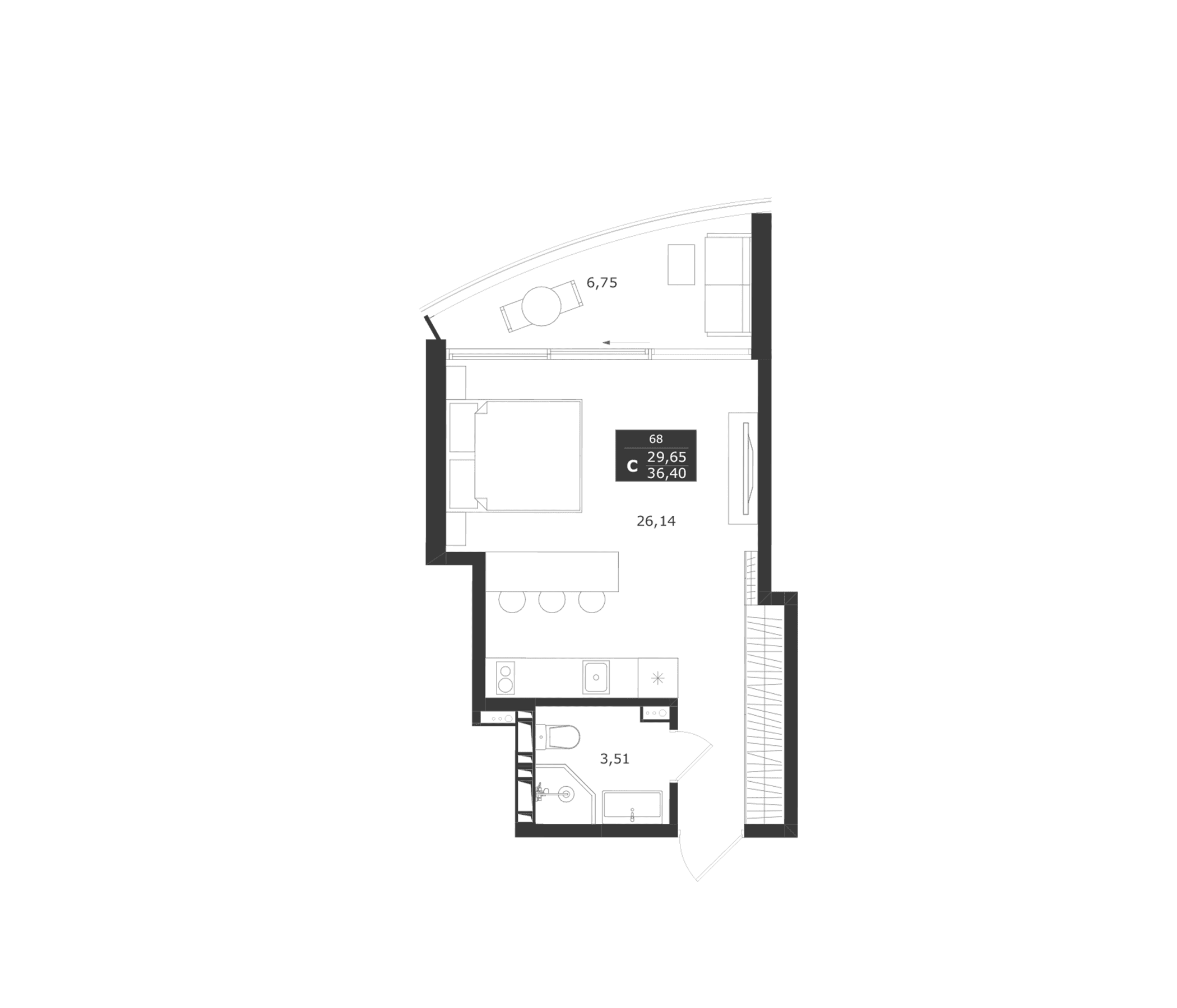 Студия, 29.65 м²