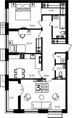3-комн., 86.18 м²