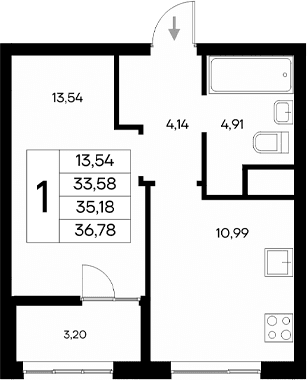 1-комн., 33.58 м²