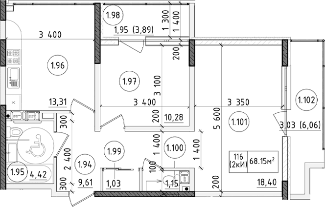 2-комн., 58.95 м²