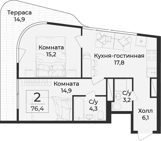 2-комн., 61.5 м²