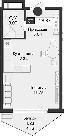 Студия, 27.64 м²