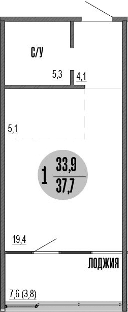 Студия, 33.9 м²