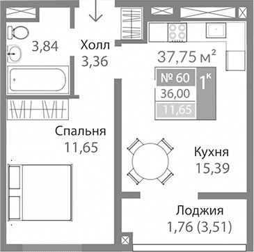 1-комн., 34.24 м²