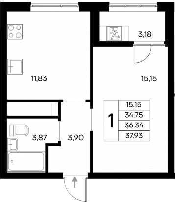 1-комн., 34.75 м²