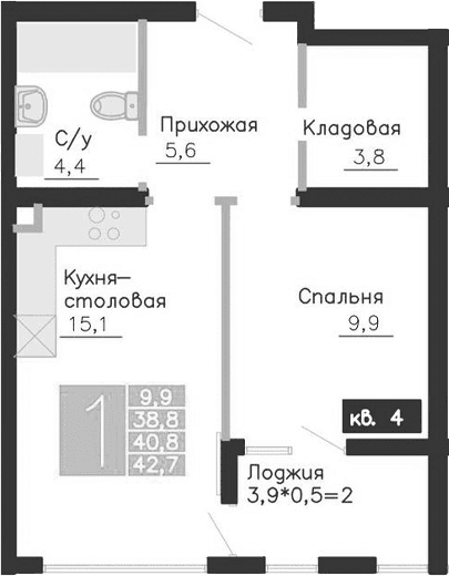 1-комн., 38.8 м²