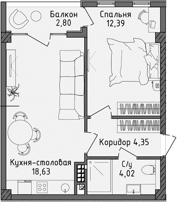 2-комн., 39.39 м²