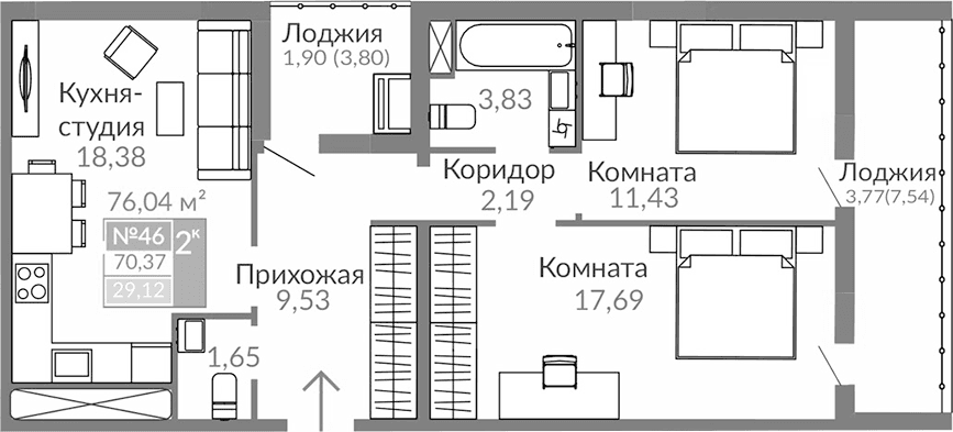 2-комн., 64.7 м²