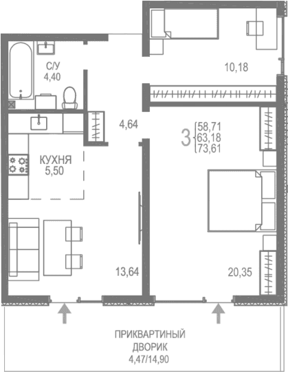 3-комн., 69.14 м²