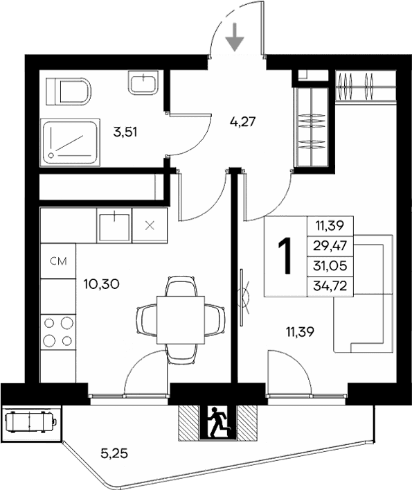 1-комн., 29.47 м²