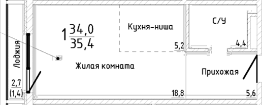 Студия, 34 м²