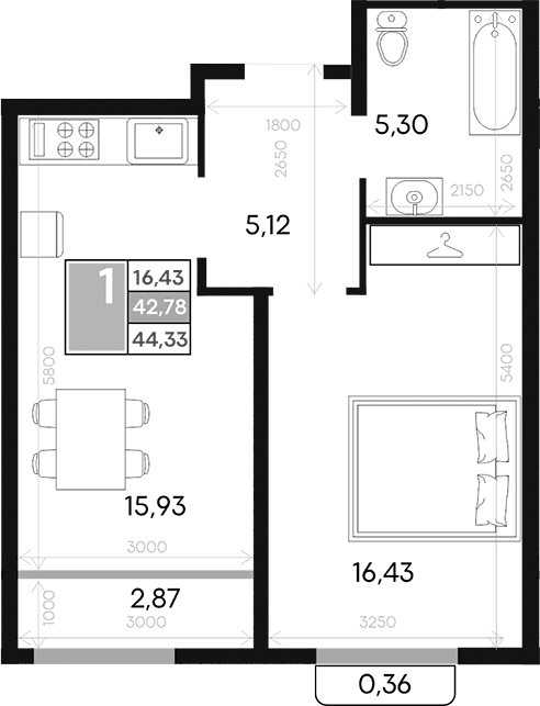 1-комн., 42.78 м²