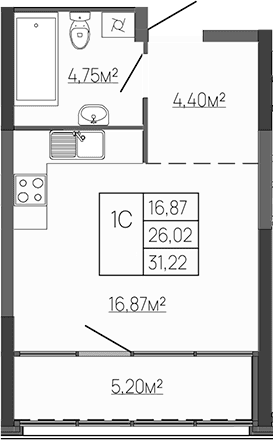 Студия, 26.02 м²
