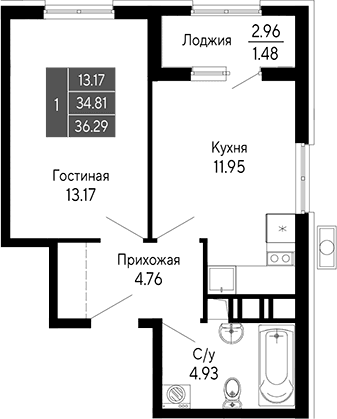 1-комн., 34.81 м²