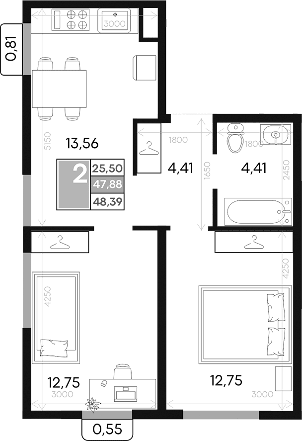 2-комн., 47.98 м²