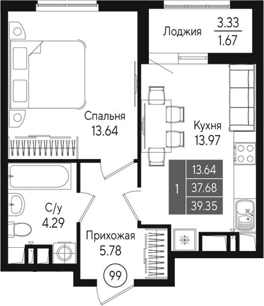 1-комн., 37.67 м²