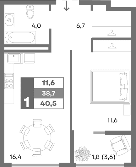 1-комн., 38.7 м²